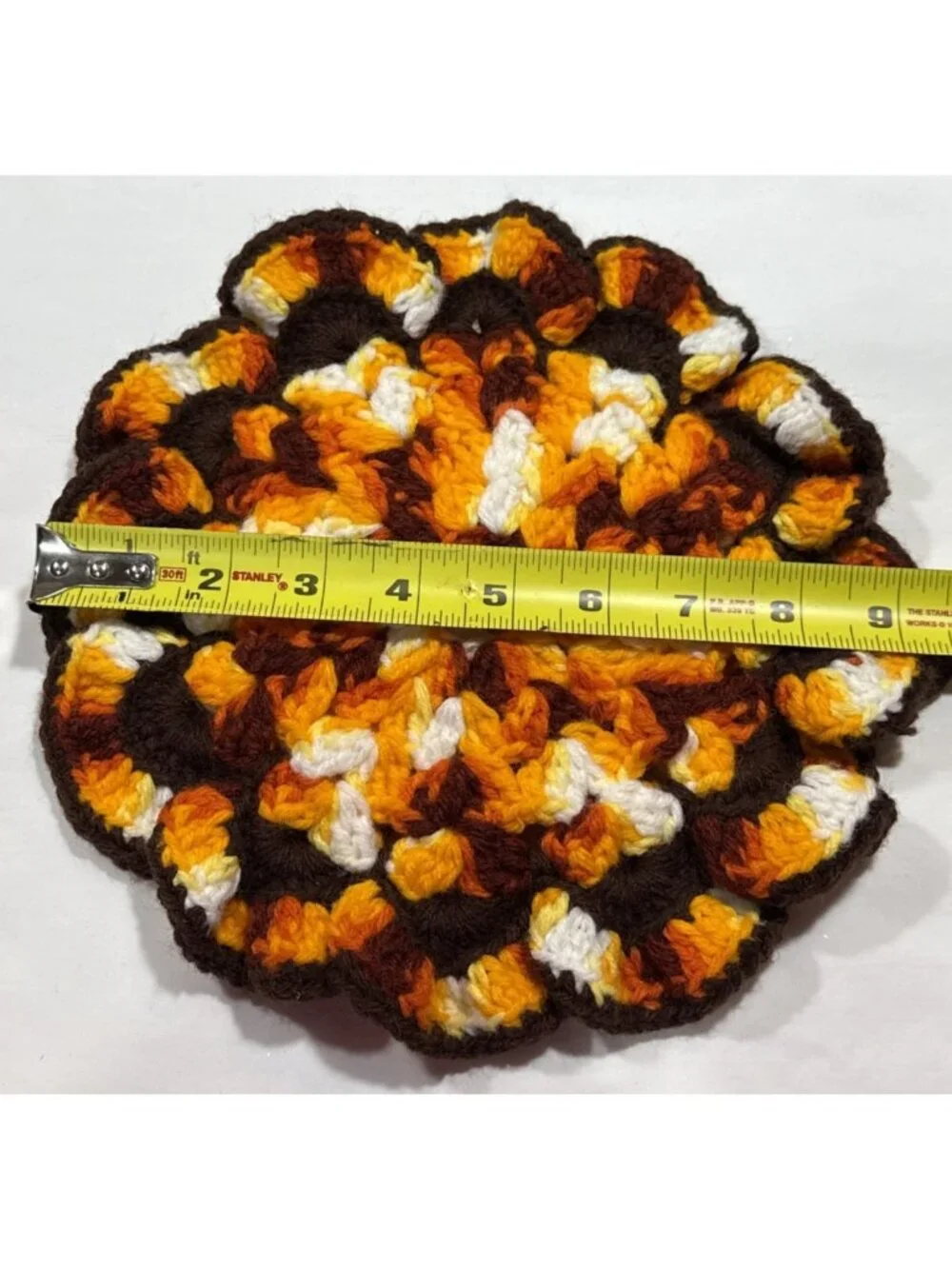 Vtg MCM 70’s Handmade Crochet Knitted Round Pot Holder Orange Brown Yellow 9.5'
